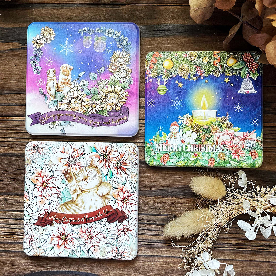 聖誕燭光 法鬥 喵咪 / 陶瓷 :: 珪藻土吸水杯墊 / 交換禮物 - YU'S WORLD STORE|小玉的貼貼世界