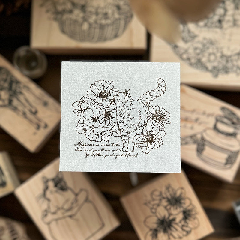 new / no.213 花路貓-幸福 / 木製印章 12月中出貨 - YU'S WORLD STORE|小玉的貼貼世界