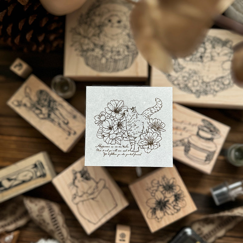 new / no.213 花路貓-幸福 / 木製印章 12月中出貨 - YU'S WORLD STORE|小玉的貼貼世界